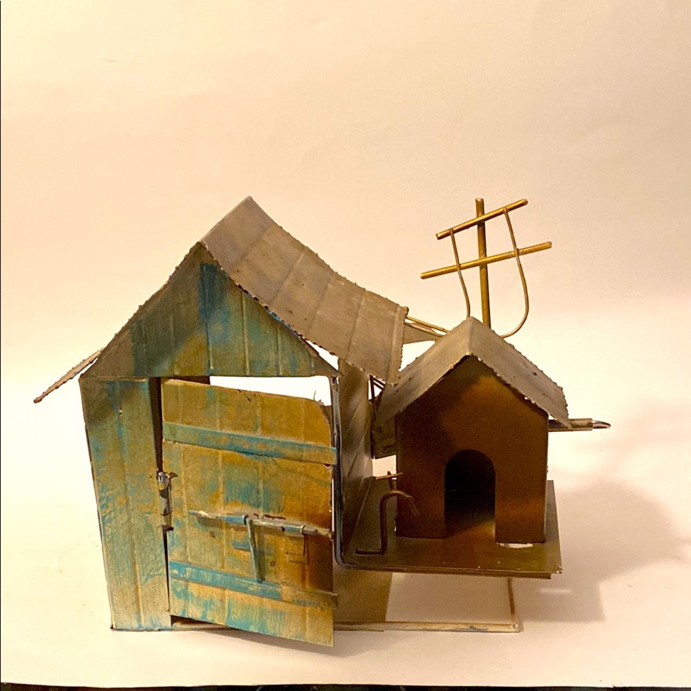 George Import Brutalist Copper Tin Music Box Barn with Coach Car Hong Kong Made